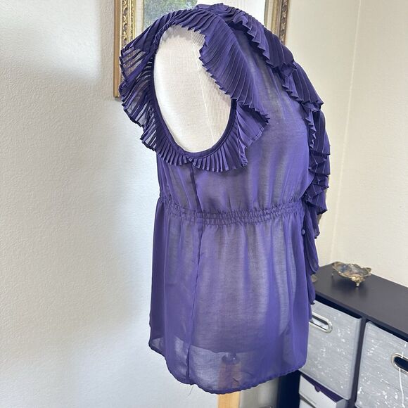 Faith 21 Ruffle Front Sheer Purple Button Top Blouse Sz XL Sleeveless Career - Picture 3 of 8